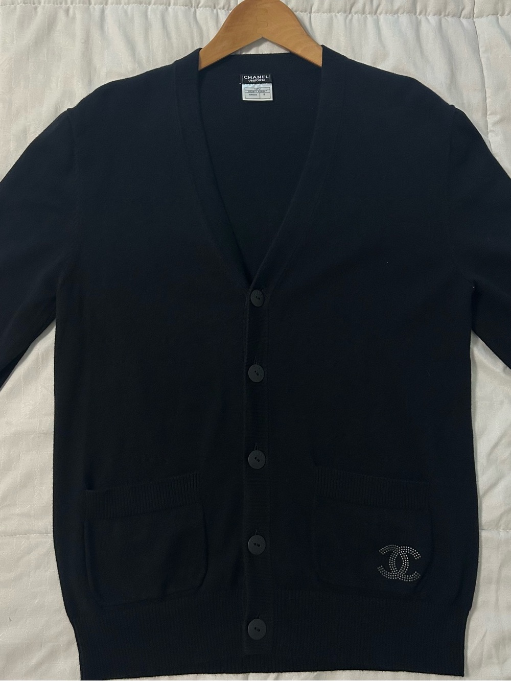 CHANEL uniforme Black Button-Front V-Neck Wool Cardigan with Logo Pocket